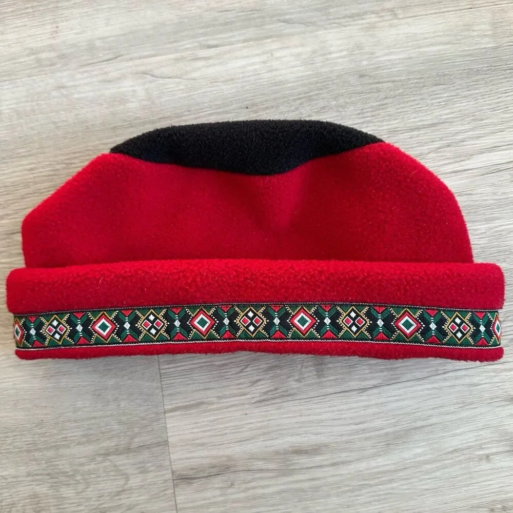 Vintage 1990s Y2K LL Bean Fleece Hat Red & Black Adult Sm/Med Made in USA - Picture 4 of 8